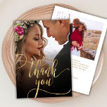 スタイリッシュ金ゴールドスクリプト2写真結婚のサンキューカード サンキューカード<br><div class="desc">Bohoシックモダン金ゴールド書道スクリプト2写真の結婚サンキューカード。手スタイリッシュ結婚感謝していレタリングのタイポグラフィの金ゴールドをスワップしっぽフォント写真のスクリプトをのでHILで文字「ありがとう」と前面にフル垂直の写真を備えたお洒落sのテンプレートは、のに箔オーバーレイ。2枚の写真が入った両面カード。簡単にあなたの名前とメッセージ感謝していをパーソナライズする。ノートもしを手書きしたい場合は、サンプル文字を削除して宇宙を増やす。おもしし救済まは合わせ品連絡が欲しい！</div>