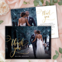 スタイリッシュ金ゴールドスクリプト2写真結婚のサンキューカード