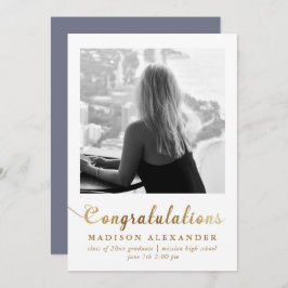 スタイリッシュ金ゴールドタイポグラフィ写真卒業 案内状