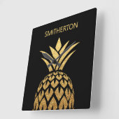 スタイリッシュ金ゴールドパイナップルブラックファミリー名 スクエア壁時計 (傾斜)