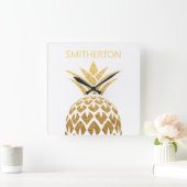 スタイリッシュ金ゴールドパイナップルホワイトファミリー名 スクエア壁時計 (ホーム)