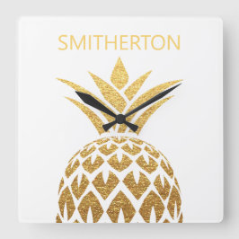 スタイリッシュ金ゴールドパイナップルホワイトファミリー名 スクエア壁時計
