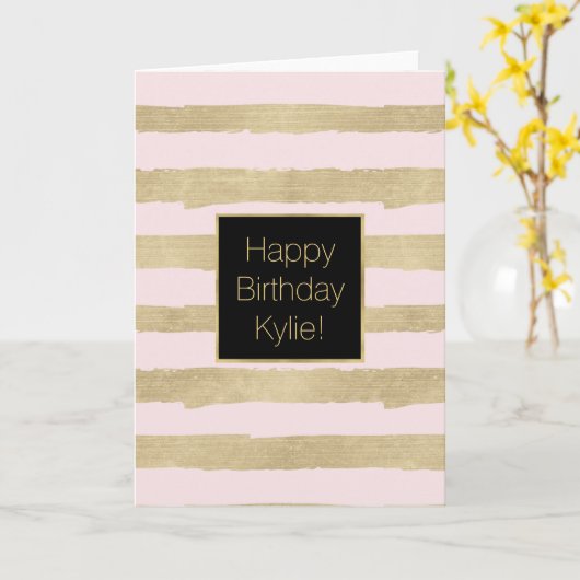 スタイリッシュ金ゴールドピストライプンクパーソナライズされた誕生日 カード (黄色い花)