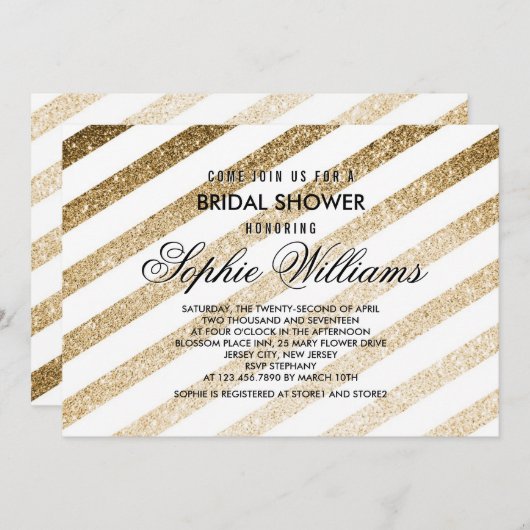 スタイリッシュ金ゴールドフェイクグリッターブライダルシャワー招待 招待状 (正面/裏面)