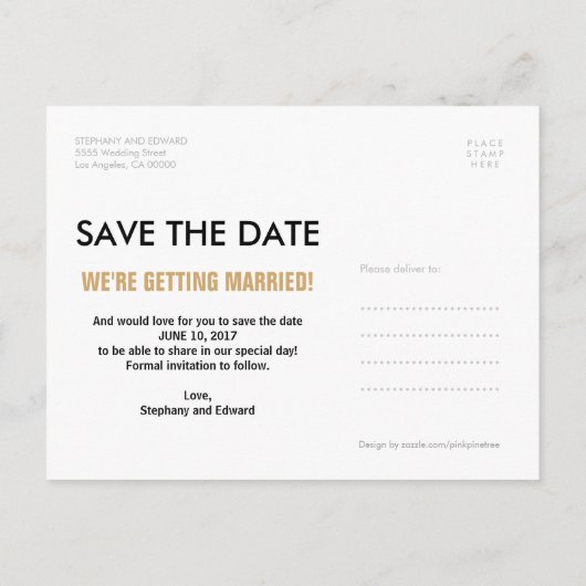 スタイリッシュ金ゴールドフェイクグリッター日付はがきを保存 案内ポストカード (裏面)