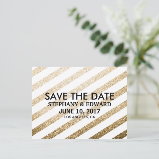 スタイリッシュ金ゴールドフェイクグリッター日付はがきを保存 案内ポストカード (スタンド正面)