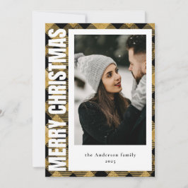 スタイリッシュ金ゴールドフェイクタータンチェックPlaid写真クリスマス シーズンカード