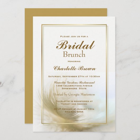 スタイリッシュ金ゴールドフェザーブライダルブランチ 招待状 (正面/裏面)