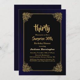 スタイリッシュ金ゴールドフレーム驚き30th誕生日ディナー 招待状