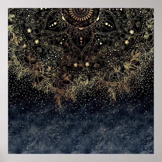 スタイリッシュ金ゴールドフローラ曼荼羅 ポスター (正面)