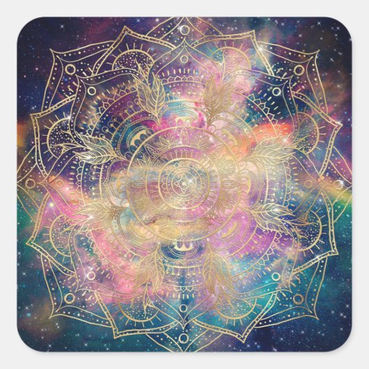 スタイリッシュ金ゴールドマカラフルダラ水彩星雲 スクエアシール (正面)