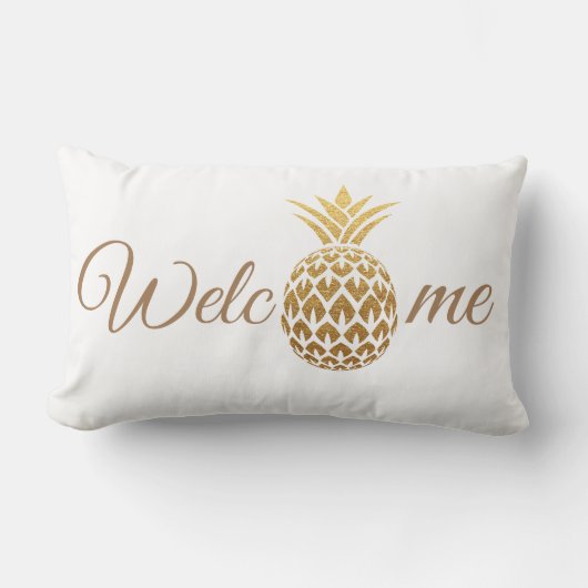 スタイリッシュ金ゴールドモダンパイナップルホワイトウェルカム ランバークッション (正面)