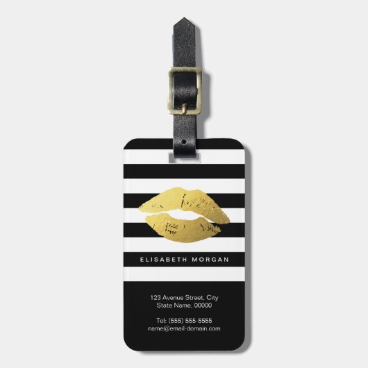 スタイリッシュ金ゴールドリップ(クラシック白黒ストライプ) ラゲッジタグ (正面縦)