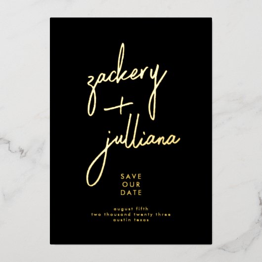 スタイリッシュ金ゴールド名 |写真カスタムの日付の保存 箔招待状 (正面)