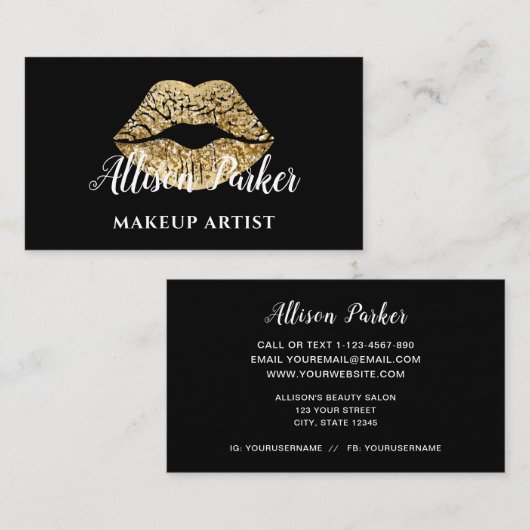 スタイリッシュ金ゴールド唇メイクアップアーティスト 名刺 (正面/裏面)
