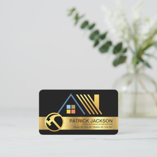 スタイリッシュ金ゴールド屋上デザイン建築屋根 名刺 (スタンド正面)