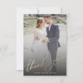 スタイリッシュ金ゴールド手書き結婚式の写真 サンキューカード (正面)