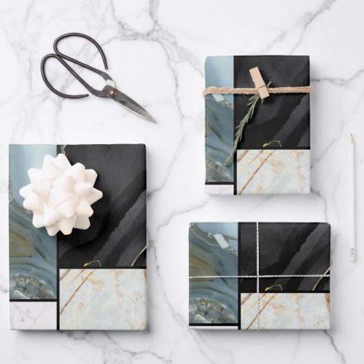 スタイリッシュ金ゴールド白黒の大理石のパターン ラッピングペーパーシート (正面)