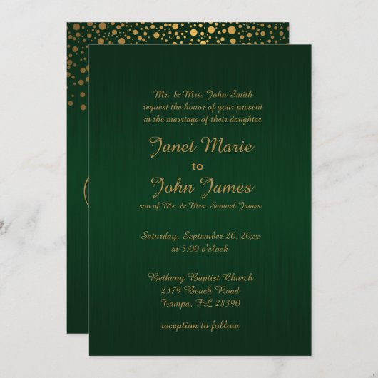 スタイリッシュ金ゴールド紙吹雪ドット |濃い緑 招待状 (正面/裏面)