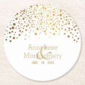 スタイリッシュ金ゴールド紙吹雪ドット(白) ラウンドペーパーコースター (正面)