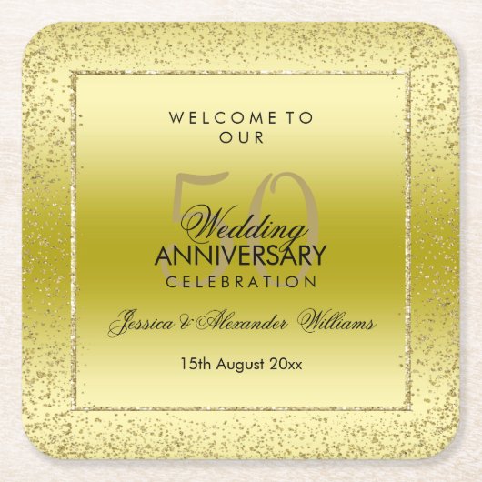 スタイリッシュ金ゴールド紙吹雪50結婚thの正方形 スクエアペーパーコースター (正面)