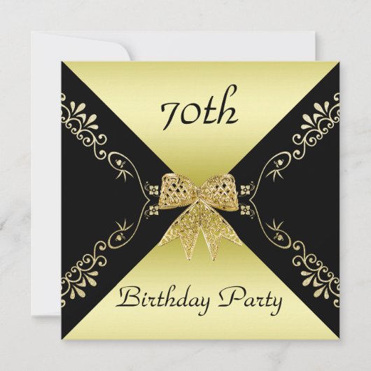スタイリッシュ金ゴールド&ブラックデコウェアボウ70th誕生日 招待状 (正面)