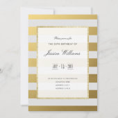スタイリッシュ金ゴールド&ホワストライプイト25th誕生日パーティー 招待状 (正面)