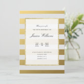 スタイリッシュ金ゴールド&ホワストライプイト25th誕生日パーティー 招待状 (スタンド正面)