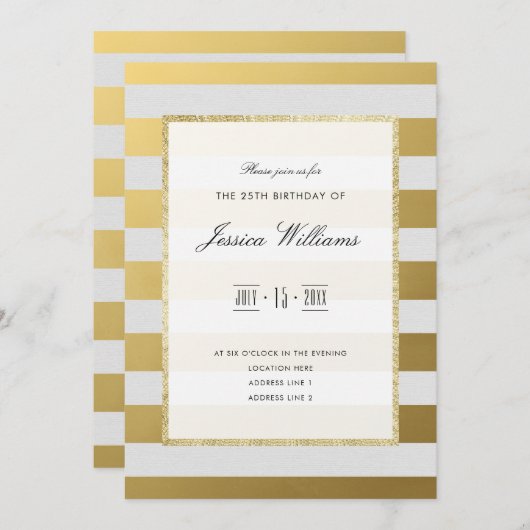 スタイリッシュ金ゴールド&ホワストライプイト25th誕生日パーティー 招待状 (正面/裏面)
