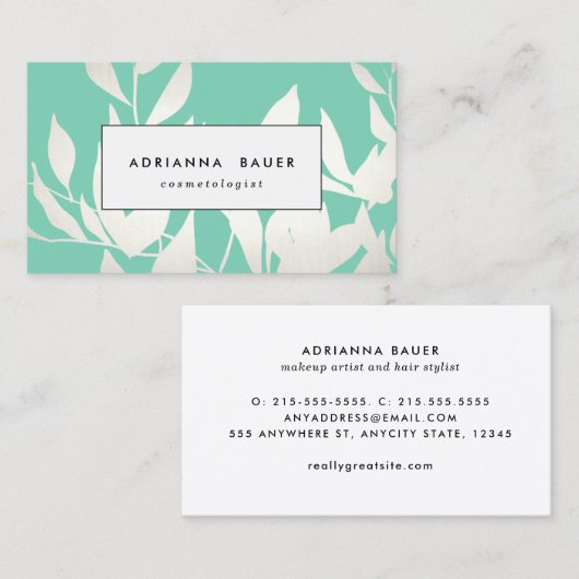 スタイリッシュ銀モダン銀とミントグリーン葉のパターン 名刺 (正面/裏面)