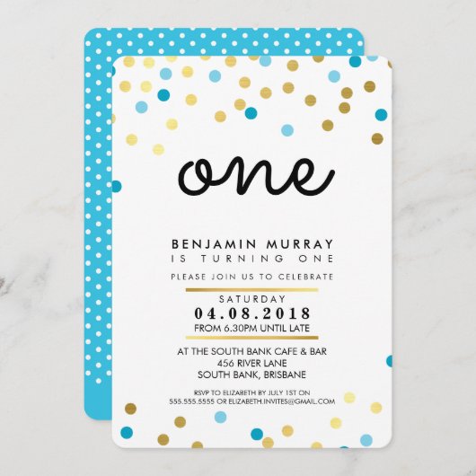 スタイリッシュ1歳の誕生日パーティー招待状ブルー金ゴールド少年 招待状 (正面/裏面)