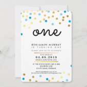 スタイリッシュ1歳の誕生日パーティー招待状ブルー金ゴールド少年 招待状 (正面)