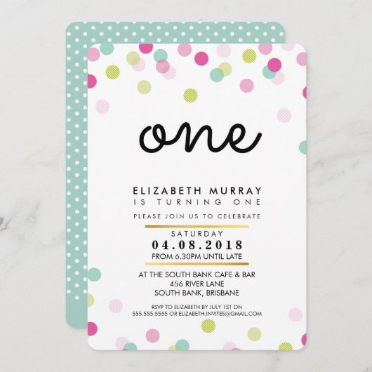 スタイリッシュ1ST誕生日パーティー招待状ピンクミントガール 招待状 (正面/裏面)