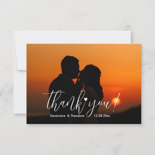スタイリッシュ&おもしろいラブハートの結婚フォトシックなスクリプト サンキューカード (正面)