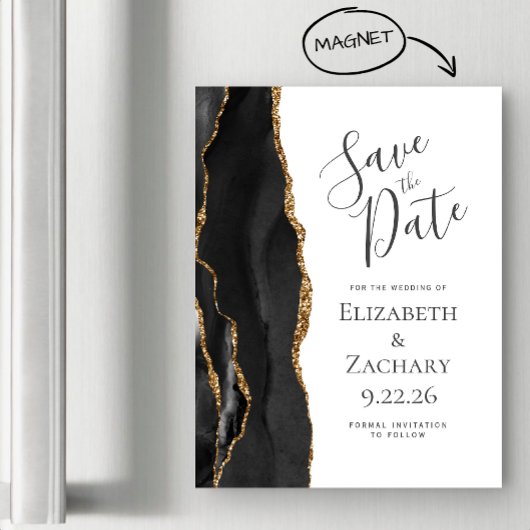 スタイリッシュ アゲート ブラックゴールド マグネット Save the Date