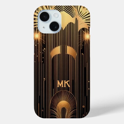 スタイリッシュ アールデコ ゴールドレイン 黒のモノグラム または 名前 Case-Mate iPhoneケース (裏面)