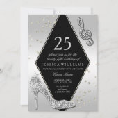 スタイリッシュ グリッツィー シルバー 25歳の誕生日 招待状 (正面)