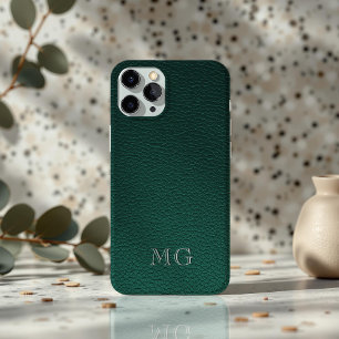 スタイリッシュ グリーン フェイクレザー ホワイト モノグラムイニシャル iPhone 16ケース