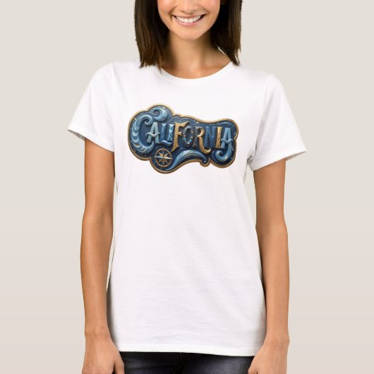 スタイリッシュ ゴールド CALIFORNIA プリント Tシャツ (正面)