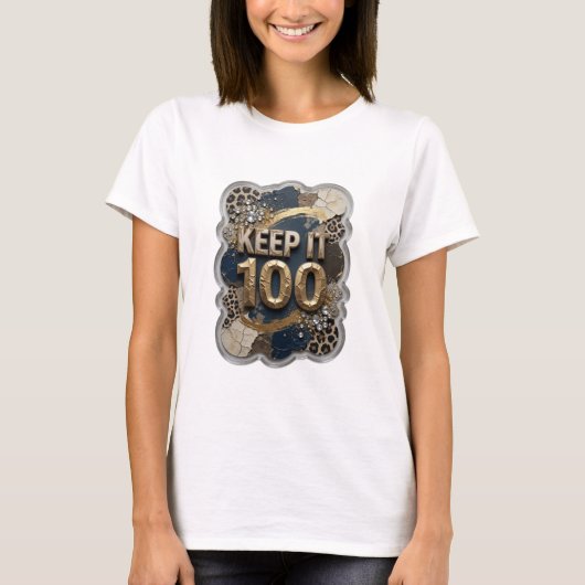 スタイリッシュ ゴールド KEEP IT 100 プリント Tシャツ (正面)