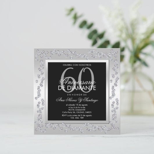 スタイリッシュ ダイヤモンド シルバー 60周年 結婚記念日 招待状 (スタンド正面)
