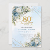 スタイリッシュ ダスティブルー 花柄 ゴールド 80歳の誕生日 招待状 (正面)
