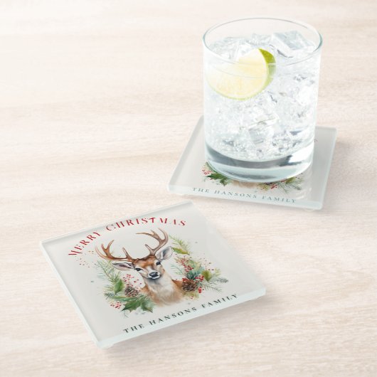 スタイリッシュ&ディアエレガントクリスマスグリーンカスタムリー ガラスコースター (アングル)