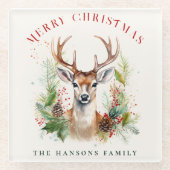 スタイリッシュ&ディアエレガントクリスマスグリーンカスタムリー ガラスコースター (正面)