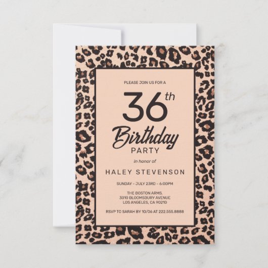 スタイリッシュ ヒョウ柄 ファッショナブル 36歳の誕生日 招待状 (正面)