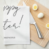 スタイリッシュ ブラック うさぎのシルエットとイースターエッグ Happy Easter キッチンタオル (四つ折り)