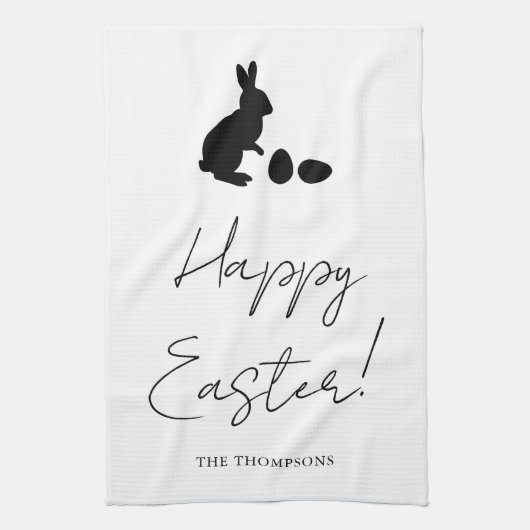 スタイリッシュ ブラック うさぎのシルエットとイースターエッグ Happy Easter キッチンタオル (縦)
