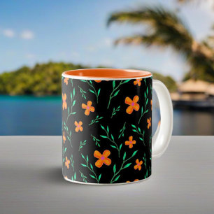 スタイリッシュ ブラック オレンジ 水彩 花柄 ツートーンマグカップ