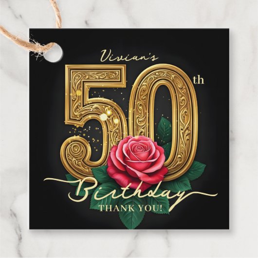 スタイリッシュ ブラック ゴールド レッド ローズ 50歳の誕生日パーティー フェイバータグ (正面)