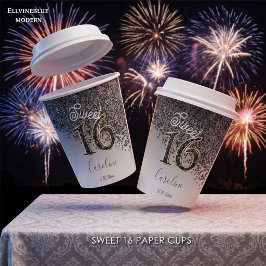 スタイリッシュ ブラック ラメ Sweet 16 誕生日 紙コップ